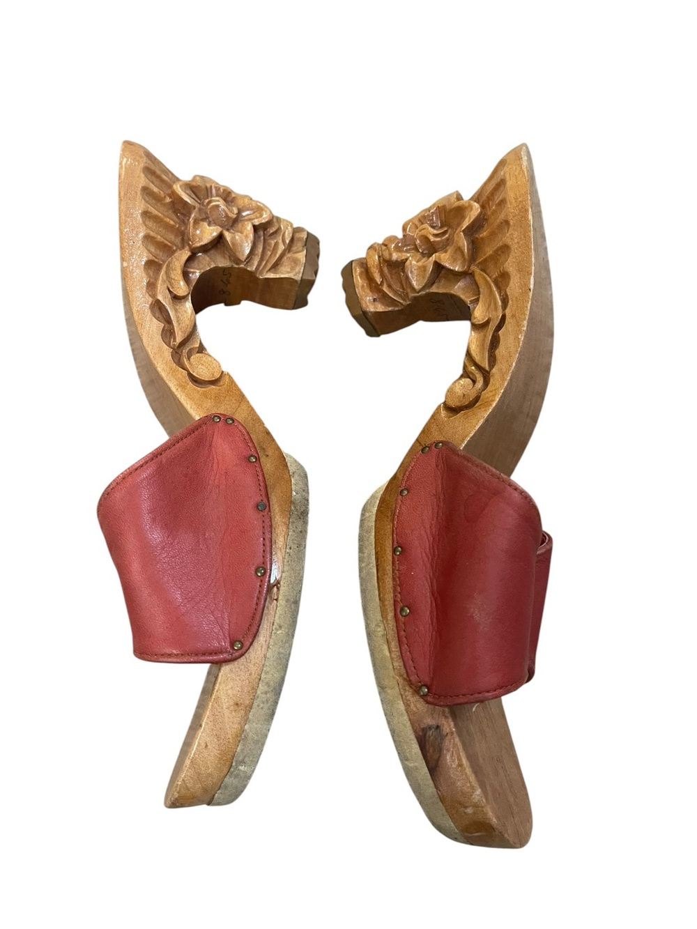 Vtg 70s Boho Rust Leather Floral Carved Wooden-Heel Slide Open Toe Sandals - Picture 3 of 6